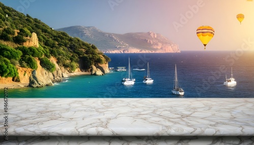an empty marble Desk in front of a view of the sea and boats in the mediterranean beach background, Desk of free space and summer time on beach #846672072
