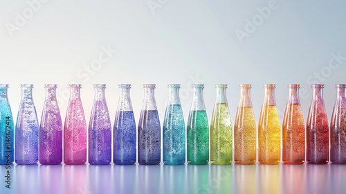 Wallpaper Mural A row of colorful bottles with different colored liquids inside. The bottles are lined up in a row, with some bottles being taller than others. The bottles are arranged in a rainbow pattern Torontodigital.ca