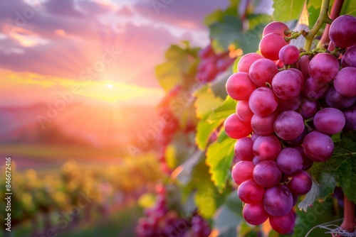 Red grapes on vine at sunset, natural beauty and agricultural abundance