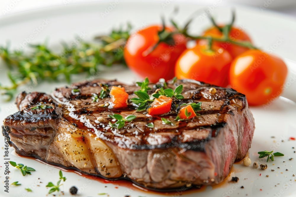 The steak and tomatoes on the wooden board The steak and tomatoes on the wooden board