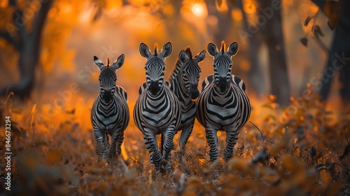 Four zebras are standing in a field of orange leaves