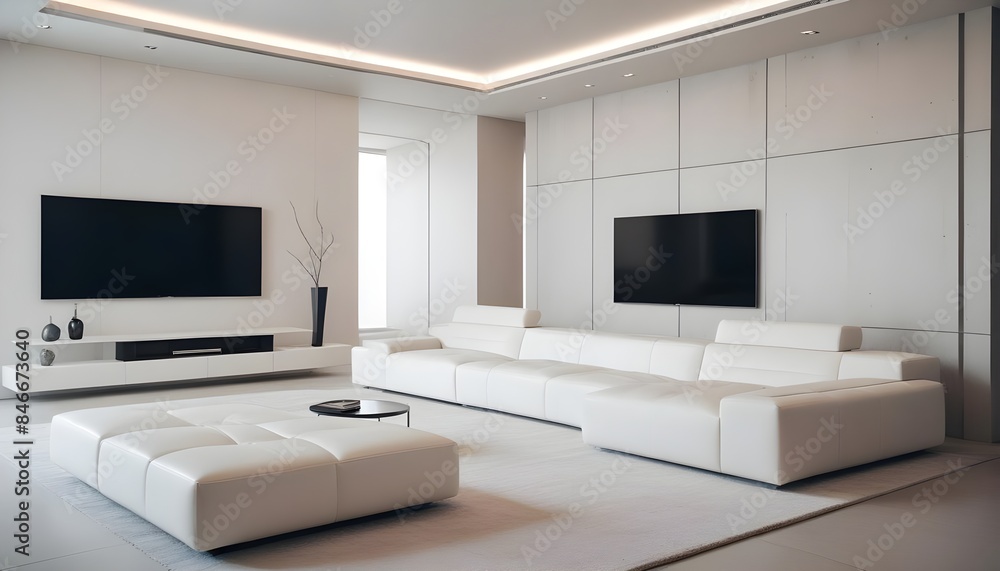 High end modern living room with white leather couch and a large flat screen tv mounted on the wall, brutalist architecture mixed with modern futuristic minimal design High end modern living room with white leather couch and a large flat screen tv mounted on the wall, brutalist architecture mixed with modern futuristic minimal design