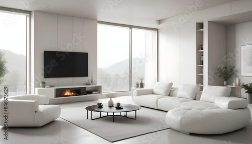 High end modern living room with white leather couch and a large flat screen tv mounted on the wall, brutalist architecture mixed with modern futuristic minimal design