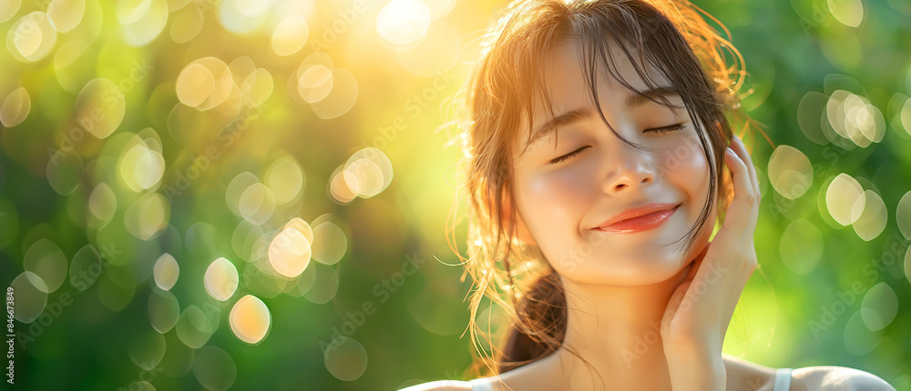 Fototapeta premium Serene Young Woman Enjoying Nature with Sunlight and Bokeh Background