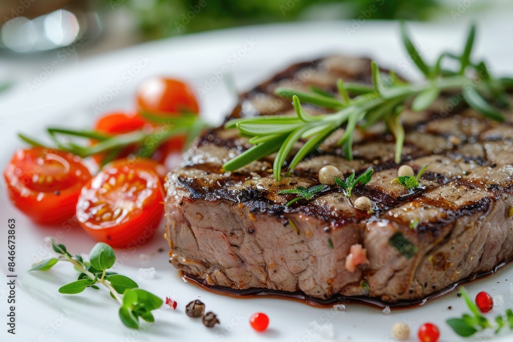 The steak and tomatoes on the wooden board The steak and tomatoes on the wooden board