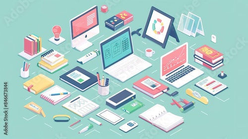 Isometric illustration of a modern workspace with various gadgets and office supplies. © K-MookPan