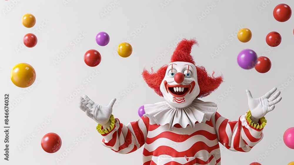 A 3D cartoon of a funny clown juggling and making faces on a white background A 3D cartoon of a funny clown juggling and making faces on a white background