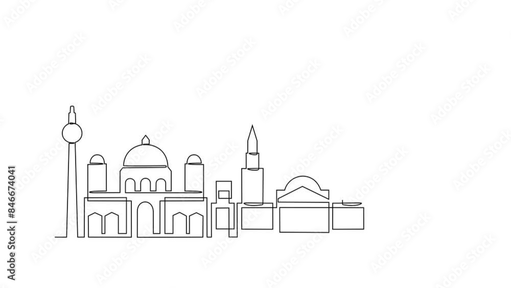 Animated self drawing of Berlin skyline video illustration. Modern city in Europe in simple linear style video design concept. One of big city in Germany. Iconic architectural building design video Animated self drawing of Berlin skyline video illustration. Modern city in Europe in simple linear style video design concept. One of big city in Germany. Iconic architectural building design video