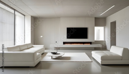 High end modern living room with white leather couch and a large flat screen tv mounted on the wall, brutalist architecture mixed with modern futuristic minimal design