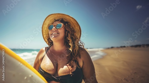  A plus-size woman rides a surfboard on a stunning beach during a sunny day.Generated image