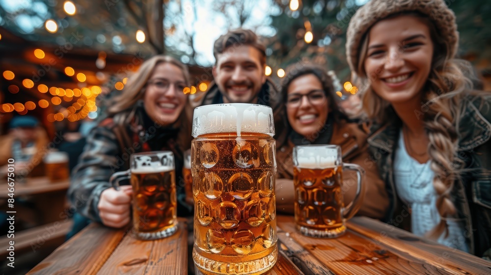 Group of friends having fun, beer mugs on wooden table Oktoberfest, Munich, Germany. Group of friends having fun, beer mugs on wooden table Oktoberfest, Munich, Germany.