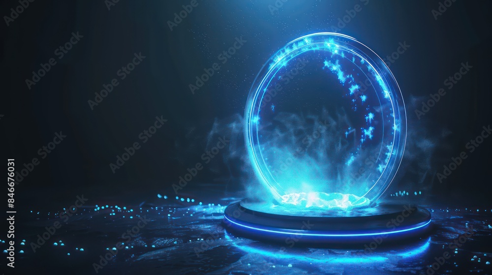 Obraz premium Beautiful portal and hologram futuristic Neon color circle elements. The podium or showroom platform where the magic circle teleports. Cyberpunk style technology