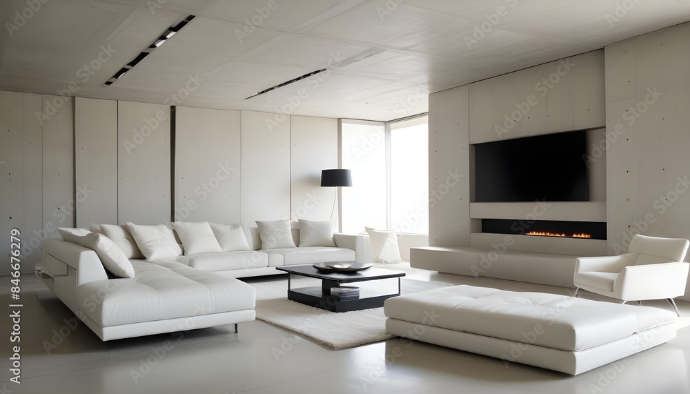 High end modern living room with white leather couch and a large flat screen tv mounted on the wall, brutalist architecture mixed with modern futuristic minimal design High end modern living room with white leather couch and a large flat screen tv mounted on the wall, brutalist architecture mixed with modern futuristic minimal design
