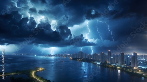 Lightning above the lake and aerial view of city night in rainy season. AI Generative.