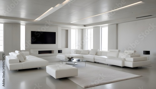 High end modern living room with white leather couch and a large flat screen tv mounted on the wall, brutalist architecture mixed with modern futuristic minimal design