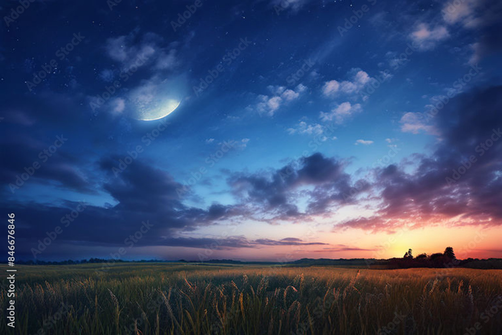 Obraz premium Summer Night Serenity: Moonbeams Bathe a Field Under a Starry Sky