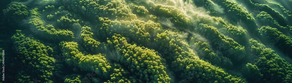 Aerial view of a lush green forest with sunlight filtering through, creating a peaceful and serene natural scene. Aerial view of a lush green forest with sunlight filtering through, creating a peaceful and serene natural scene.