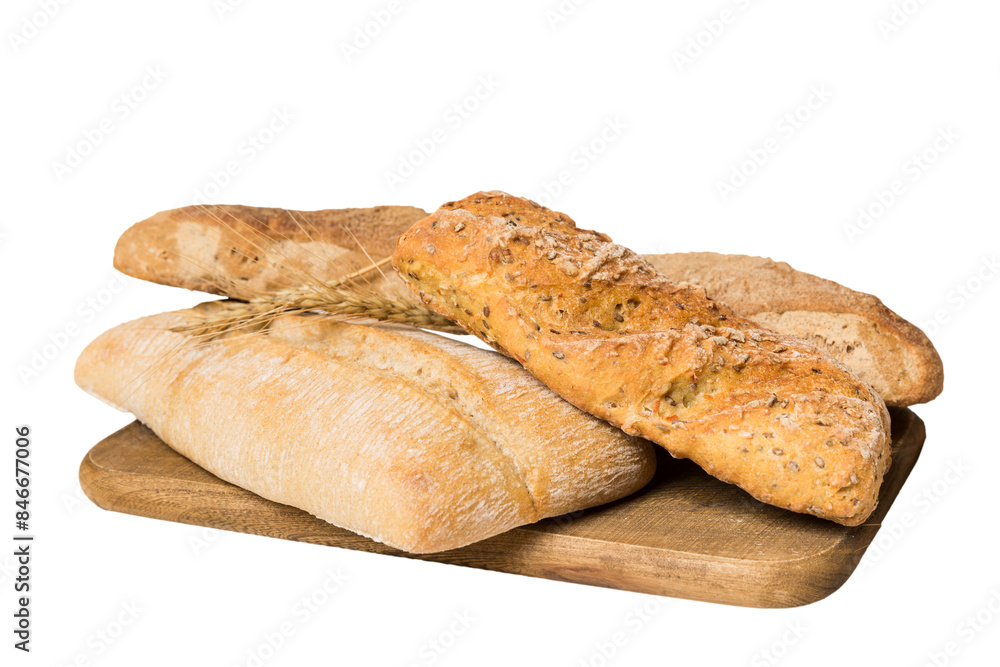 Freshly baked bread on cutting board isolated on white background . perspective view bread with copy space