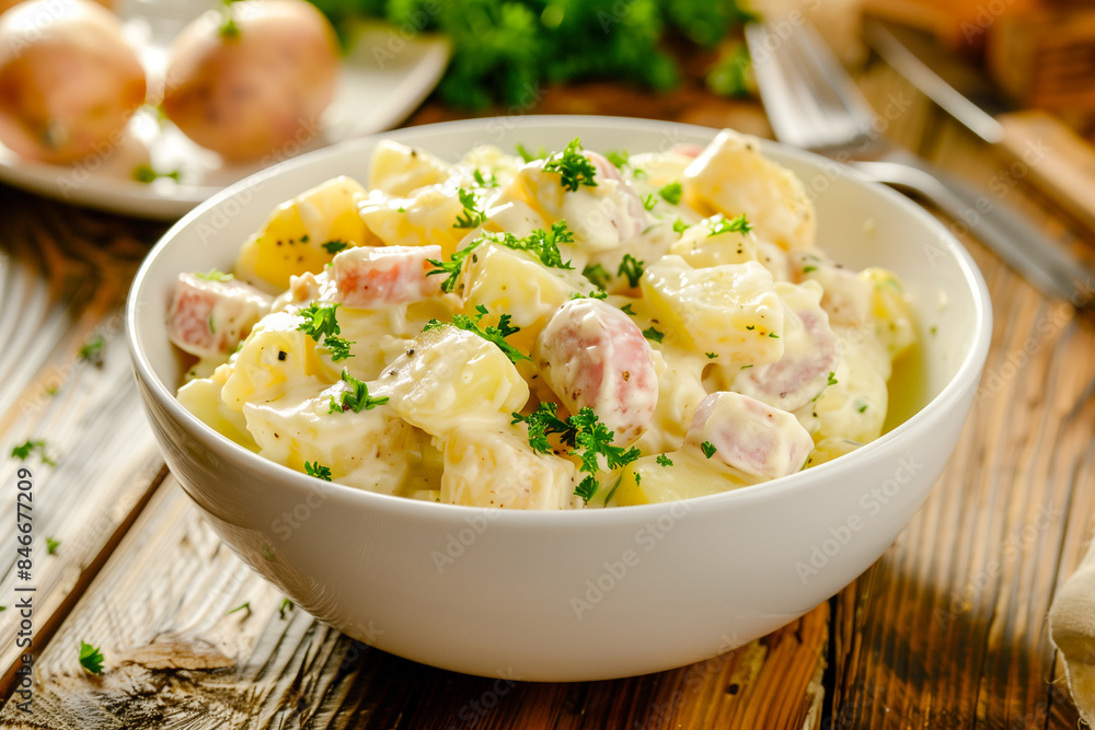 Potato salad with sausage and parsley in a white bowl Potato salad with sausage and parsley in a white bowl