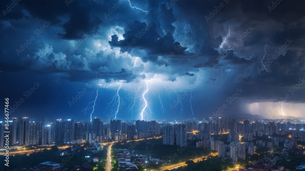 Lightning above the aerial view of city night in rainy season. Ai Generative. Lightning above the aerial view of city night in rainy season. Ai Generative.