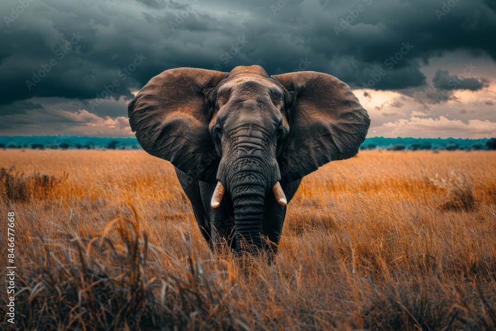 Naklejka premium Elephant in the African Savannah, Majestic Closeup in Natural Habitat