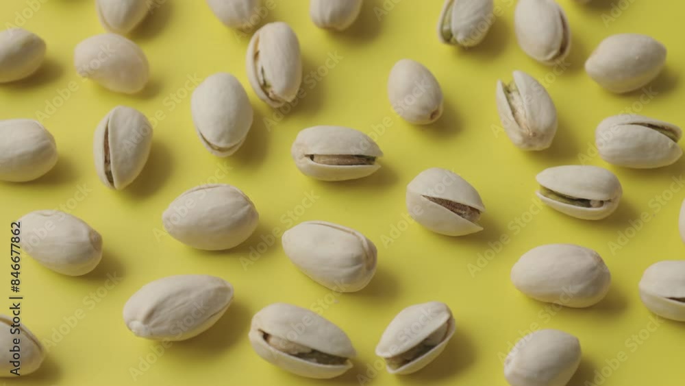 Pistachios lay on a beautiful sunny yellow background.