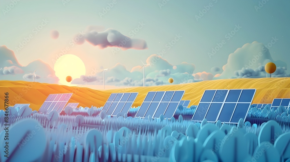 Fototapeta premium Minimalist Papercut Solar Panel Array in Vast Countryside Landscape