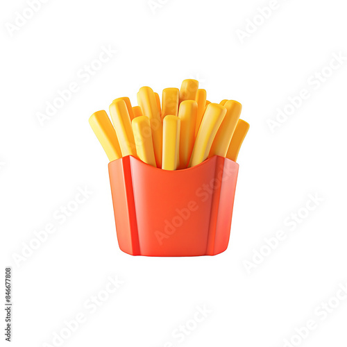Cartoon Style French Fries Illustration in Red Box, Crispy and Golden Fried Potatoes for Fast Food and Snack Themes, 3D Render Isolated on White Background for Appetizing and Fun Design