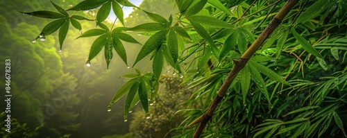 Tranquil bamboo forest with misty ambiance, dew-covered leaves, and soft sunlight filtering through, evoking a peaceful and serene nature setting.