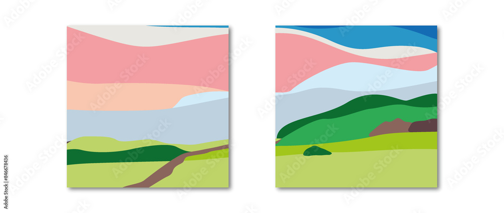 Obraz premium Flat illustration. Spring or summer landscape. Square stylish poster. Colorful sky, field, grass, green hills, horizon. Flat design. The concept of nature, tourism, travel...
