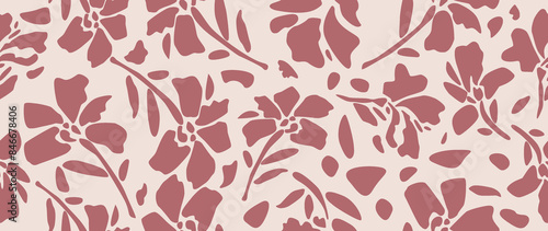 Wallpaper Mural Flat seamless background. Minimalistic abstract floral pattern. Modern burgundy print on a light pink background. Ideal for textile design, screensavers, covers, cards, invitations and posters... Torontodigital.ca