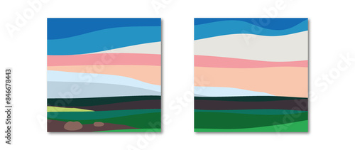 Free Download Flat illustration. Spring or summer landscape. Square stylish poster. Colorful sky, field, grass, green hills, horizon. Flat design. The concept of nature, tourism, travel... - GFXLoad
