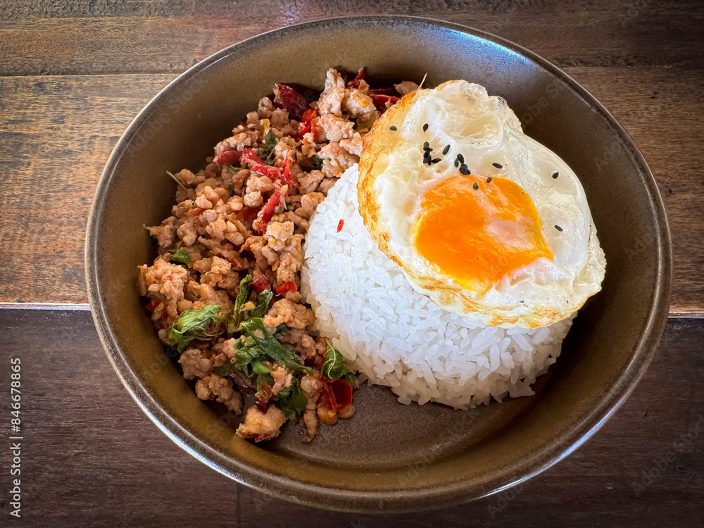 Minced pork with basil and fried egg on steamed rice. Minced pork with basil and fried egg on steamed rice.