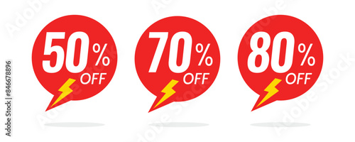 50 percent 70 and 80 percentage off sale label set. Red round sticky badge speech bubble shape discount special price clearance offer vector illustration isolated on white background.
