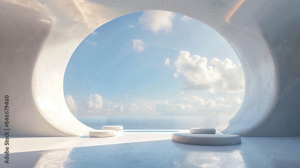 Fototapeta premium Surrealistic Interior Space with White Cloud Architecture and Circular windows overlooking Sea and Sky. Symmetrical Design, High Contrast Lighting, Ultra-Realistic C4D Rendering