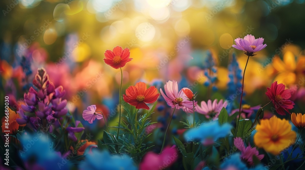 A field of colorful flowers with a blurred background, AI A field of colorful flowers with a blurred background, AI