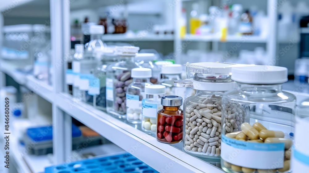 Low Angle: A row of medical glass ampoules on a laboratory shelf, with labels indicating different medications, and copy space above the ampoules Low Angle: A row of medical glass ampoules on a laboratory shelf, with labels indicating different medications, and copy space above the ampoules