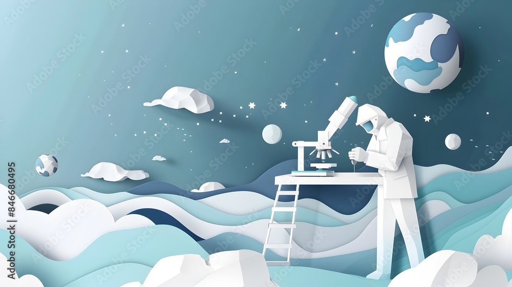 Naklejka premium Scientist Studying the Ozone Layer with Modern Equipment in Minimal Paper Cut Style