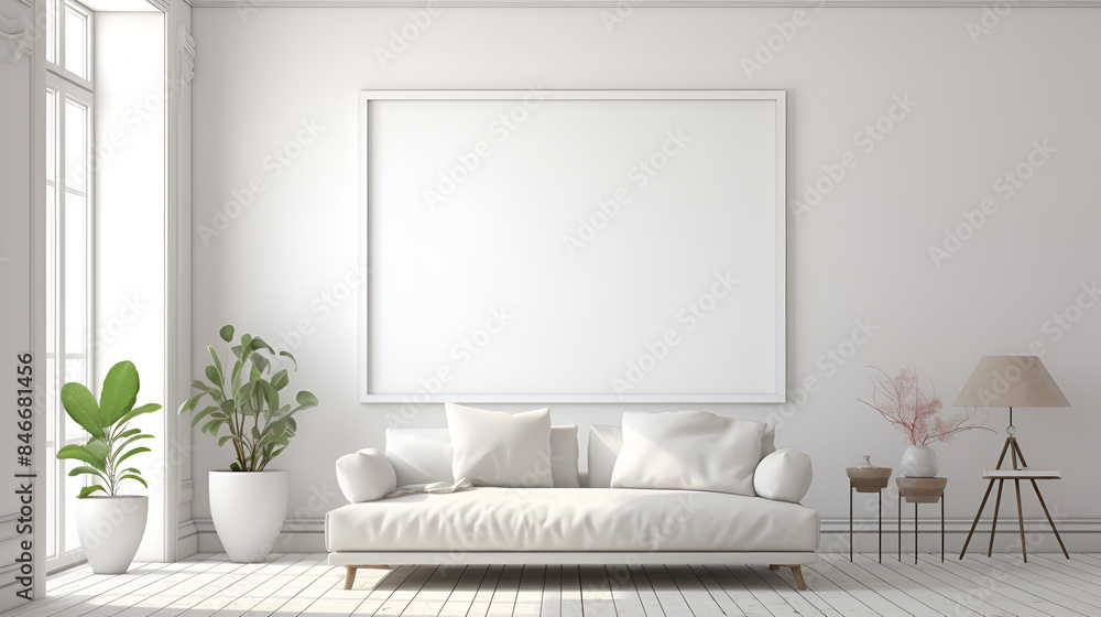 Fototapeta premium Blank empty frame poster mockup portfolio living room presentation furniture living room wall art furniture pattern ,A white room with a chair and a plant
