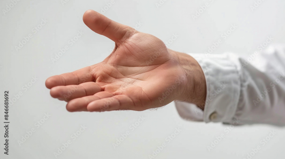 A hand is shown with a white shirt and a white background. The hand is open and extended, as if it is about to give something to someone. Concept of generosity and kindness A hand is shown with a white shirt and a white background. The hand is open and extended, as if it is about to give something to someone. Concept of generosity and kindness