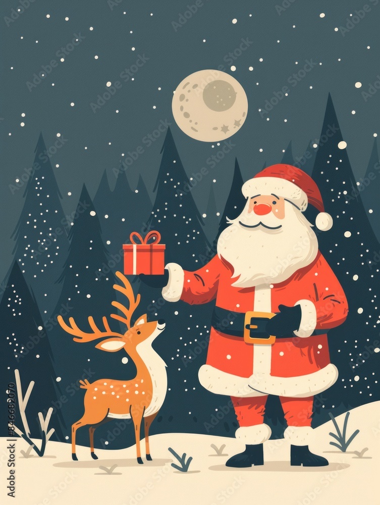Christmas postcard. Santa Claus is holding a gift near deer. The trees are decorated with snow, and the overall mood of the image is festive and joyful Christmas postcard. Santa Claus is holding a gift near deer. The trees are decorated with snow, and the overall mood of the image is festive and joyful