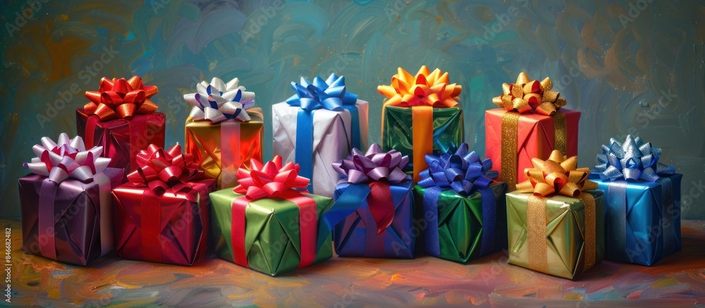 Colorful bows on beautifully wrapped presents create a festive and joyful atmosphere during the holidays Colorful bows on beautifully wrapped presents create a festive and joyful atmosphere during the holidays