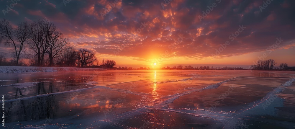 A breathtaking view of a stunning sunset reflecting on a frozen lake A breathtaking view of a stunning sunset reflecting on a frozen lake
