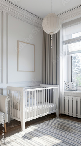 Minimalist nursery with a crib, rug and whimsical scandinavian decor. Gentle natural light 