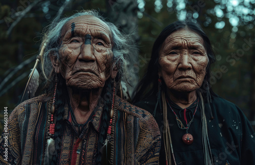 two elderly Native American tribal members, one male and the other female