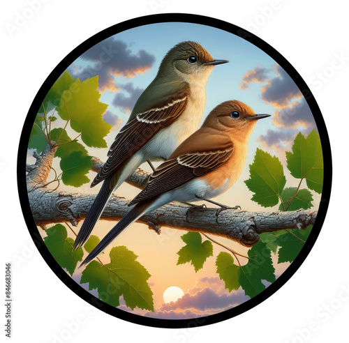 A circular 3D rendered watercolor illustration of male and female Alder Flycatchers, perched on a tree limb at sunset, isolated on a transparent background photo