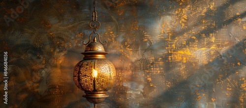 Light patterns from a gold Moroccan lantern on a textured wall
 photo