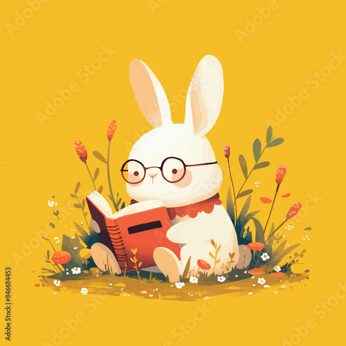 bunny read a book child illustration