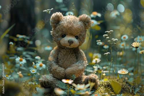 A teddy bear sits in a forest clearing in the grass and flowers. Ecology and environment concept. Generated by artificial intelligence © Vovmar