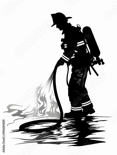 Firefighter Holding Hose Silhouette photo